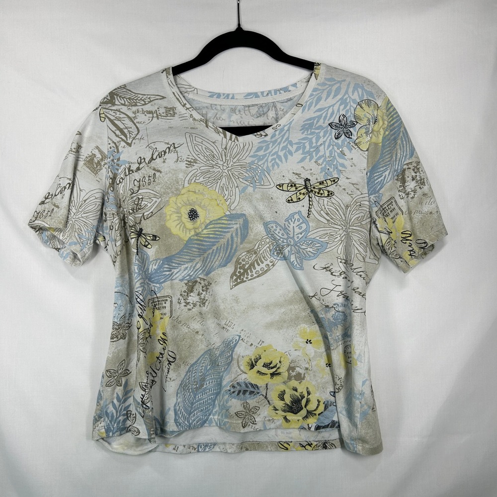 Vintage Dragonfly Floral Collage Top – Y2K Rhinestone Postcard Graphic Tee (M)